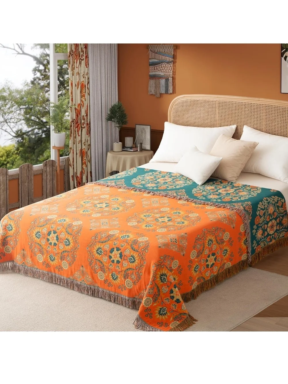Reversible Floral Fringe Throw Blanket - Orange & Teal 60x80